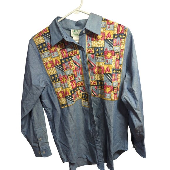 Quacker Factory Womens Small Denim Shirt Embroidered Patchwork Faith Hope Love - Picture 1 of 14